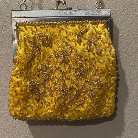 Pretty Vintage Yellow Hand Beaded Evening Bag/Purse - Picture 8 of 9